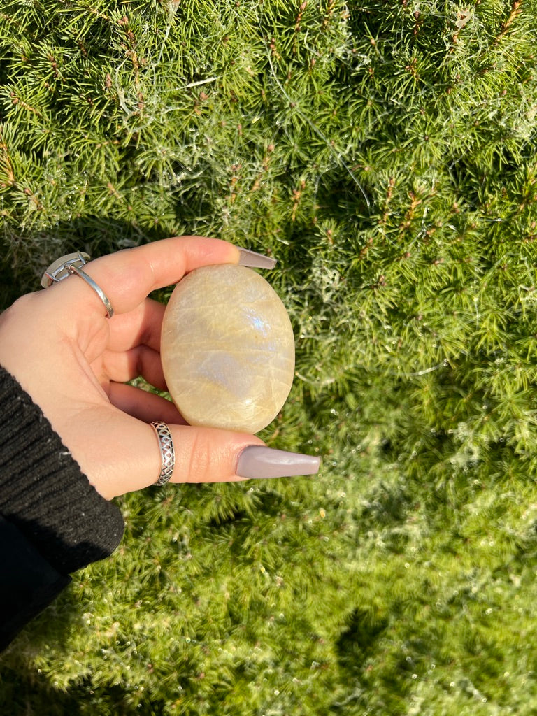 RARE Sunstone Moonstone Palm Stone with Blue Flash