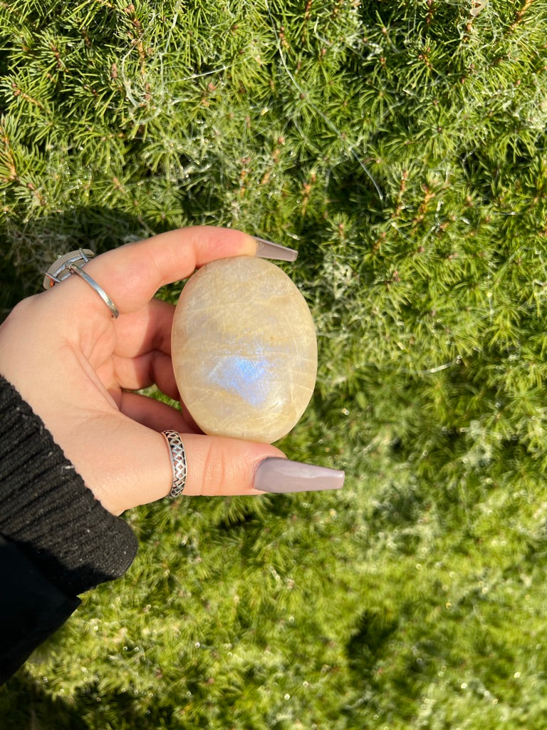 RARE Sunstone Moonstone Palm Stone with Blue Flash