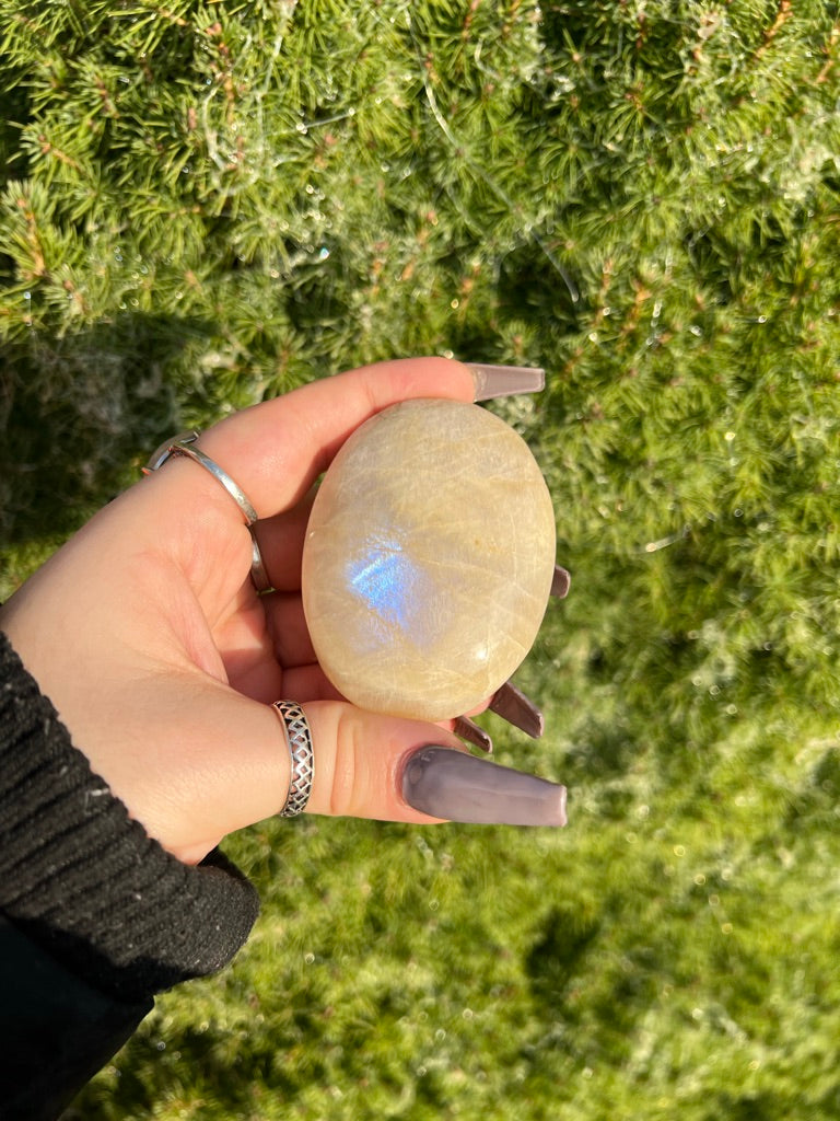 RARE Sunstone Moonstone Palm Stone with Blue Flash