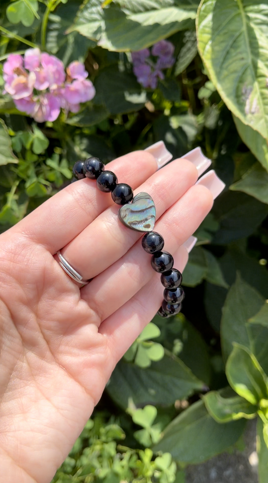 Black Obsidian with Abalone Shell Heart Bracelet