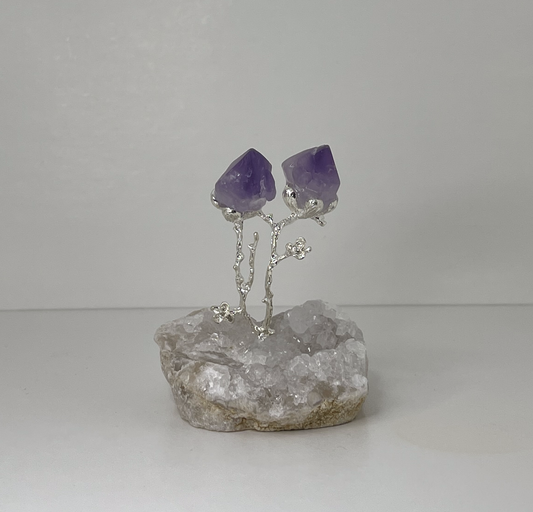 Double Amethyst Rose On Clear Quartz Cluster