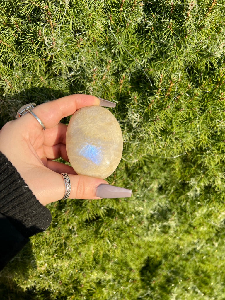 RARE Sunstone Moonstone Palm Stone with Blue Flash