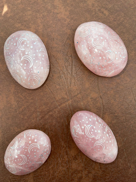 Rose Quartz Palm Stone with Moon & Star Etching